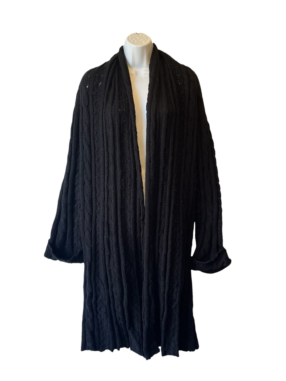 Soft Surroundings cardigan sweater Long duster S Black Open Cable knit Womens